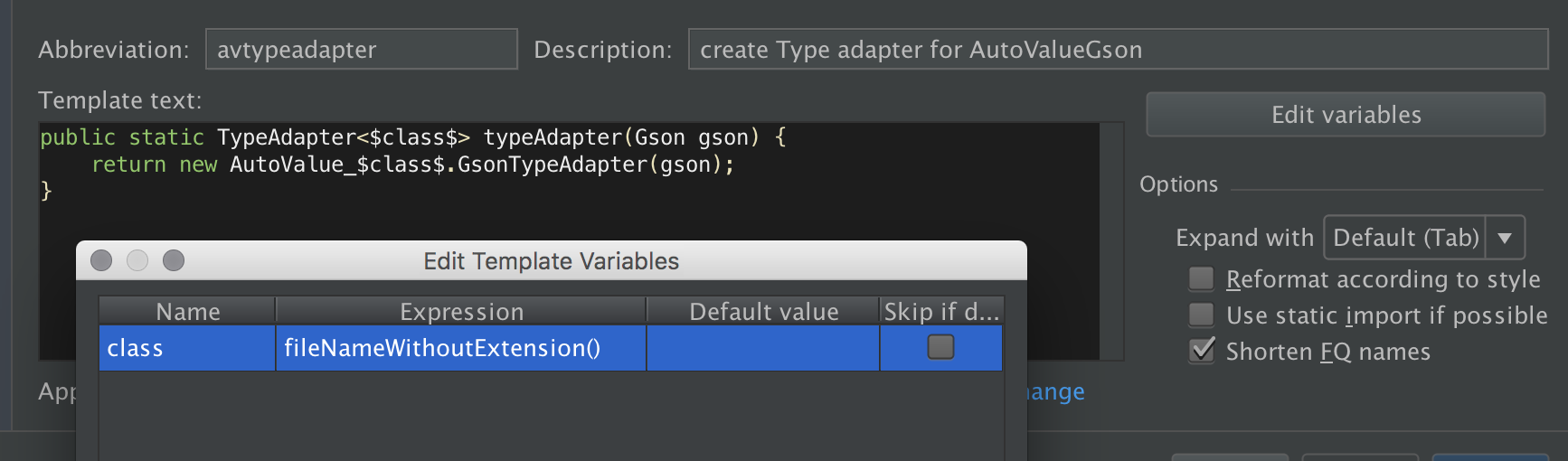 Type Adapter Live template setup